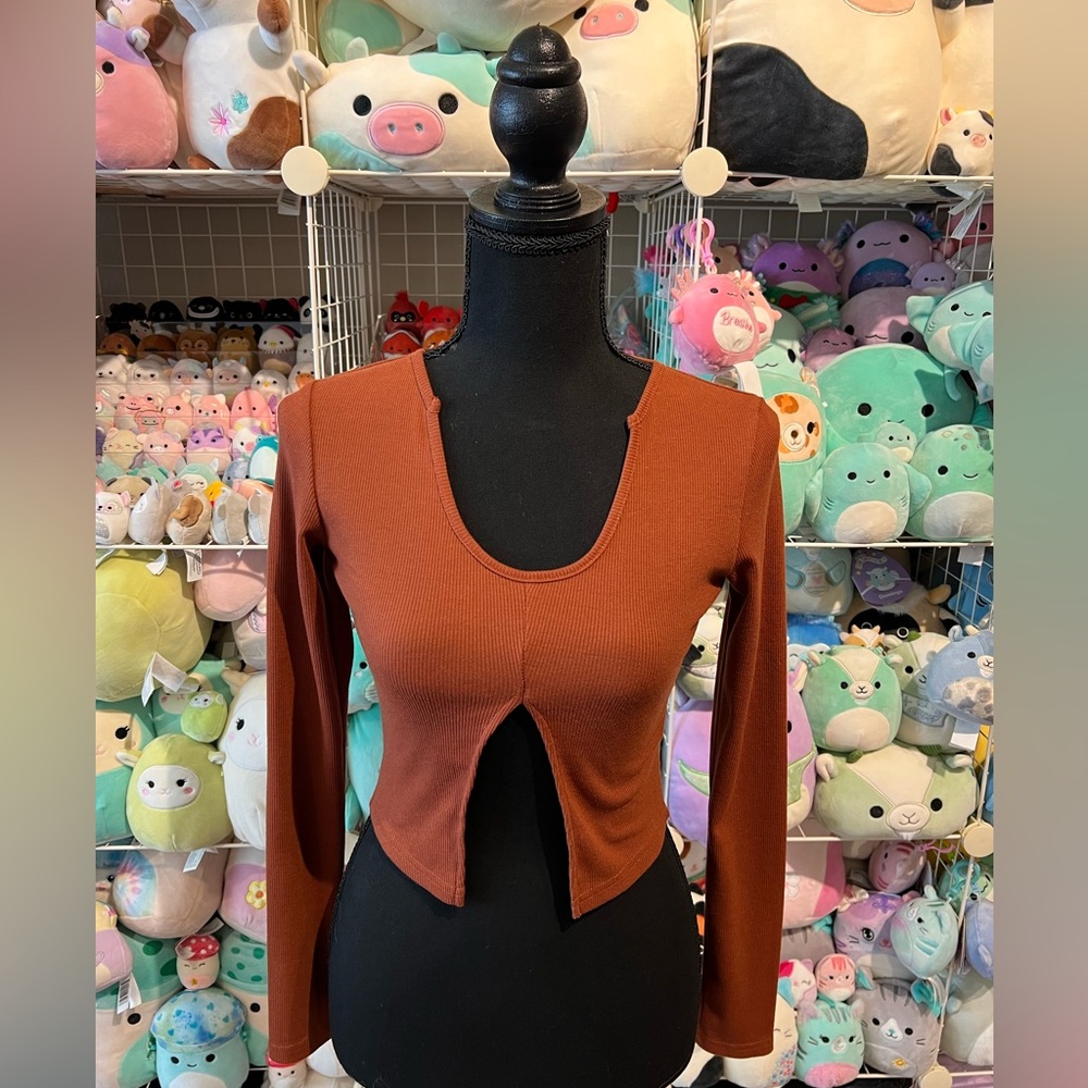 SHEIN Split Front Notch Long-Sleeved Crop Tee in Terracotta Brown XS